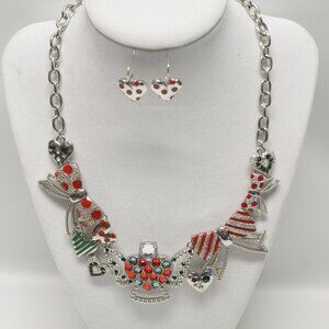 Angel Bow Tie Heart Red Green Rhinestone Silver tone Christmas Holiday Set NIP